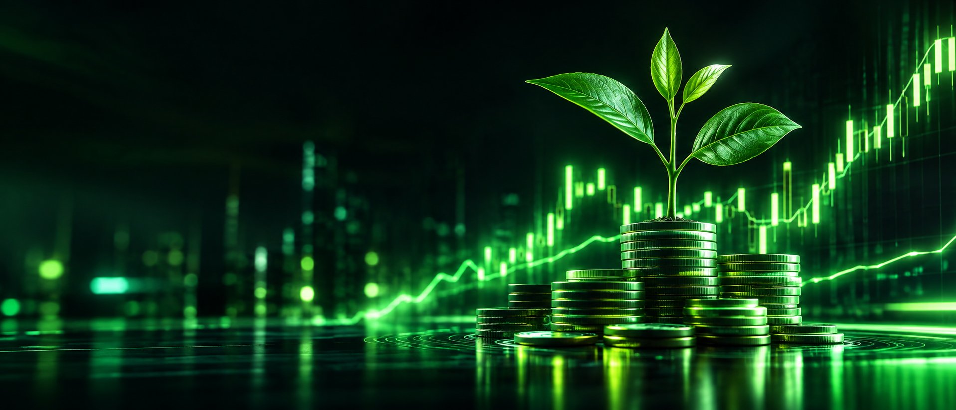 Coins growing from a small plant beside a stock chart